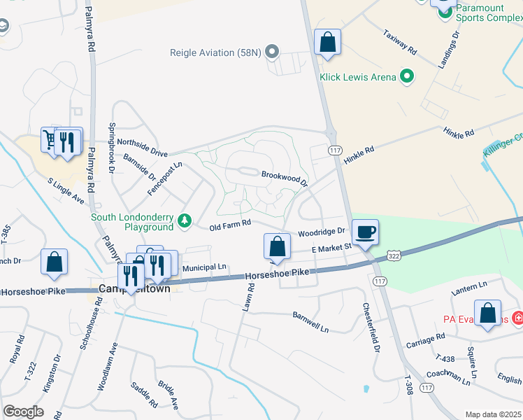 map of restaurants, bars, coffee shops, grocery stores, and more near 35 Springhaven Court in Palmyra