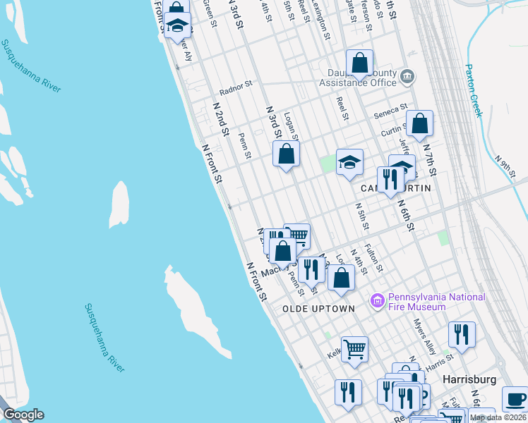 map of restaurants, bars, coffee shops, grocery stores, and more near 2221 Penn Street in Harrisburg
