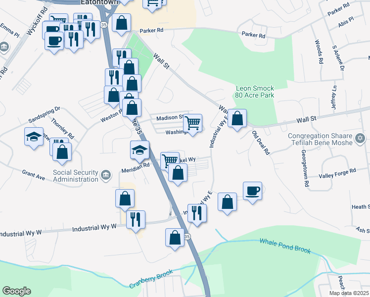 map of restaurants, bars, coffee shops, grocery stores, and more near 317 Mill Pond Way in Eatontown