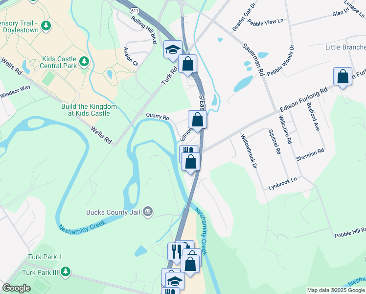 map of restaurants, bars, coffee shops, grocery stores, and more near 7 Edison Road in Doylestown