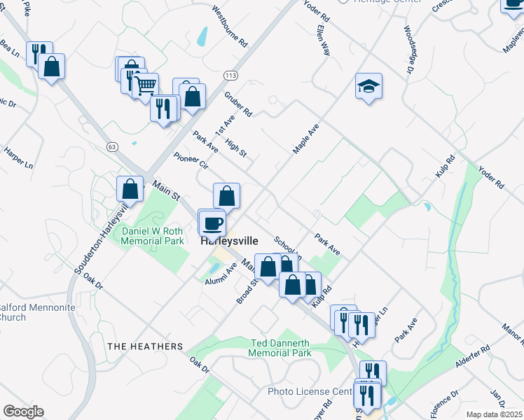 map of restaurants, bars, coffee shops, grocery stores, and more near 258 Grace Lane in Harleysville