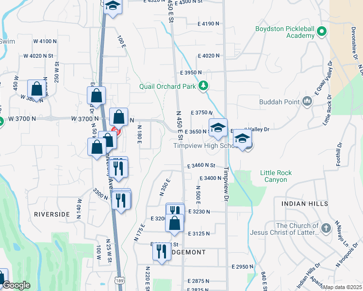 map of restaurants, bars, coffee shops, grocery stores, and more near 3553 North 480 East in Provo
