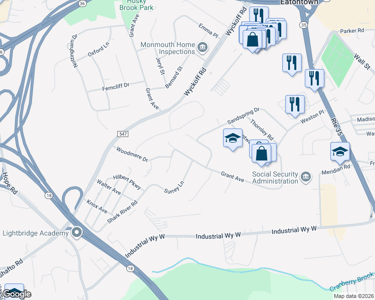 map of restaurants, bars, coffee shops, grocery stores, and more near 48 Raleigh Court in Eatontown