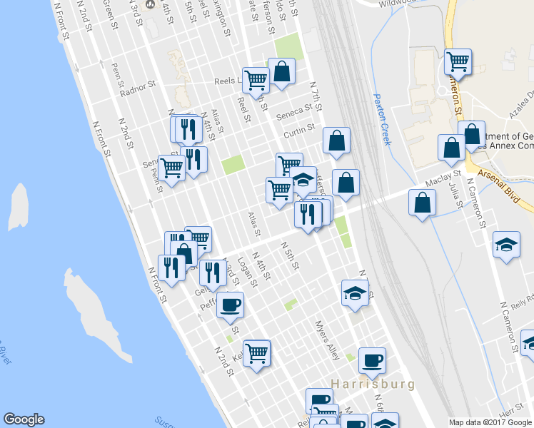map of restaurants, bars, coffee shops, grocery stores, and more near 2141 North 5th Street in Harrisburg