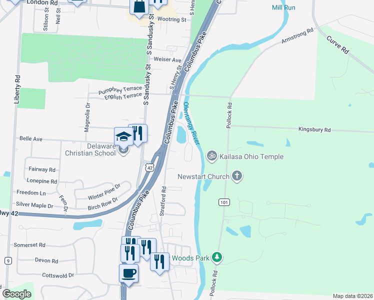 map of restaurants, bars, coffee shops, grocery stores, and more near 615 Stratford Road in Delaware