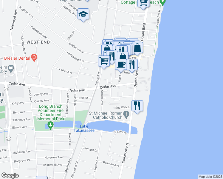 map of restaurants, bars, coffee shops, grocery stores, and more near 74 Cedar Avenue in Long Branch