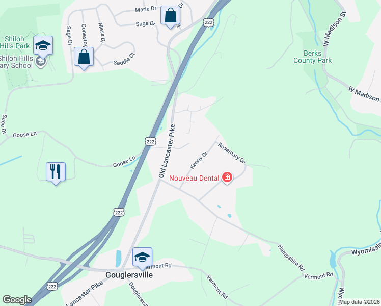 map of restaurants, bars, coffee shops, grocery stores, and more near 458 Kenny Drive in Sinking Spring