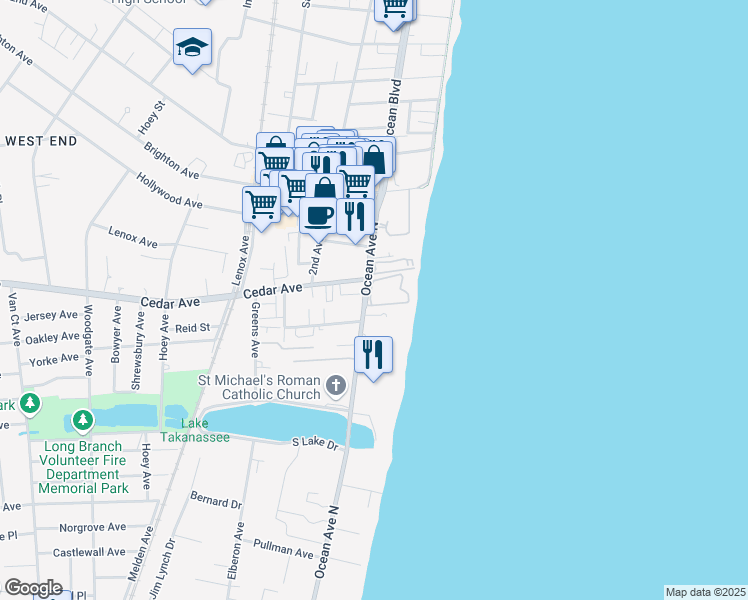 map of restaurants, bars, coffee shops, grocery stores, and more near 2 Waterview in Long Branch