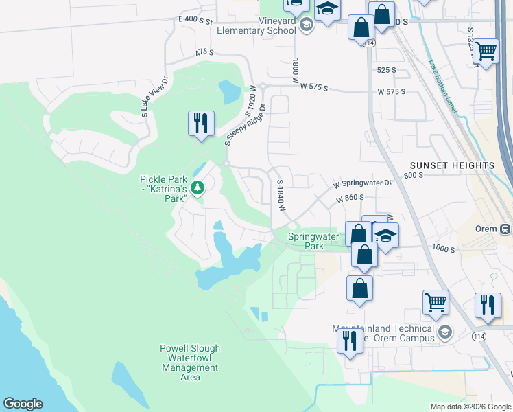 map of restaurants, bars, coffee shops, grocery stores, and more near 1901 West Fox Trail Lane in Orem