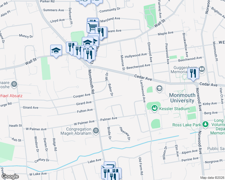 map of restaurants, bars, coffee shops, grocery stores, and more near 33 Baker Drive in West Long Branch
