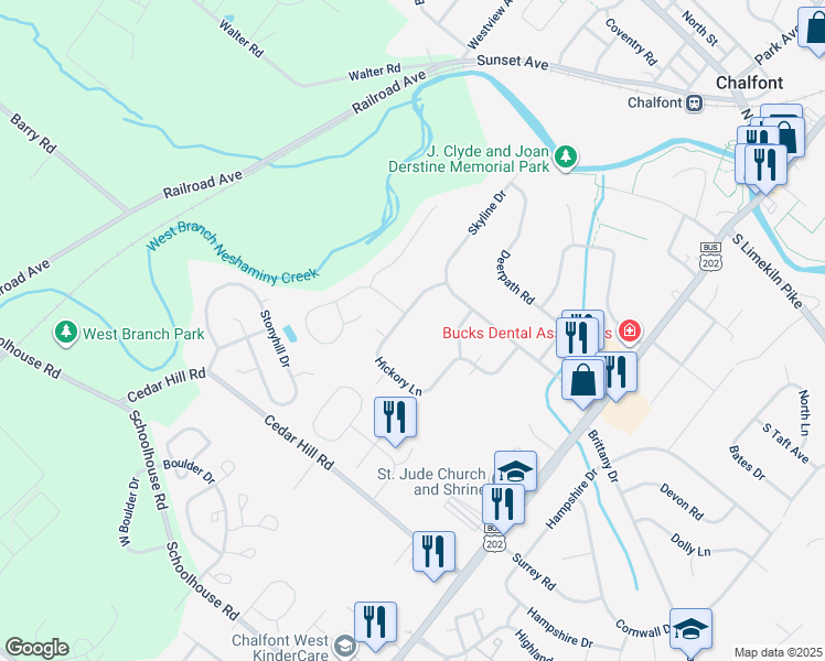 map of restaurants, bars, coffee shops, grocery stores, and more near 53 Hickory Lane in Chalfont