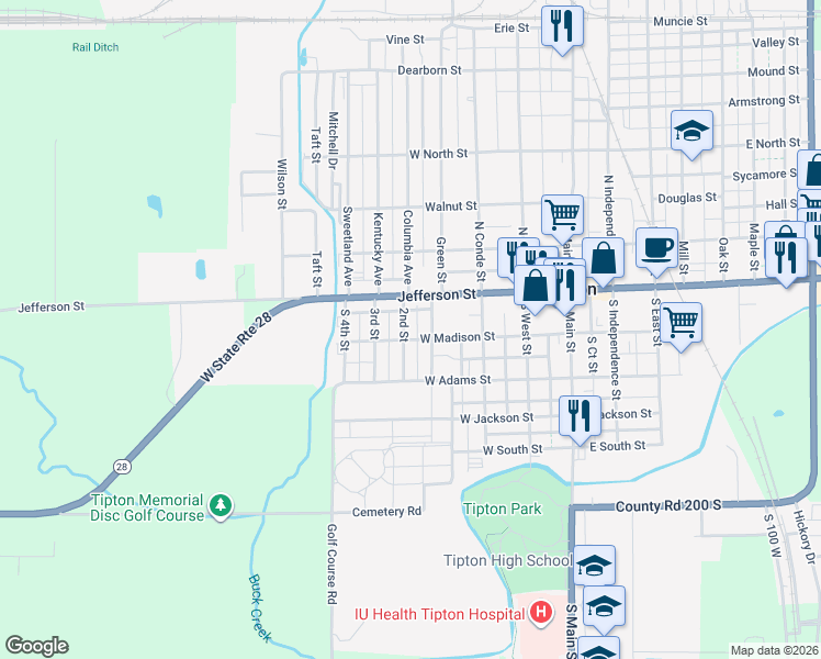 map of restaurants, bars, coffee shops, grocery stores, and more near 131 2nd Street in Tipton
