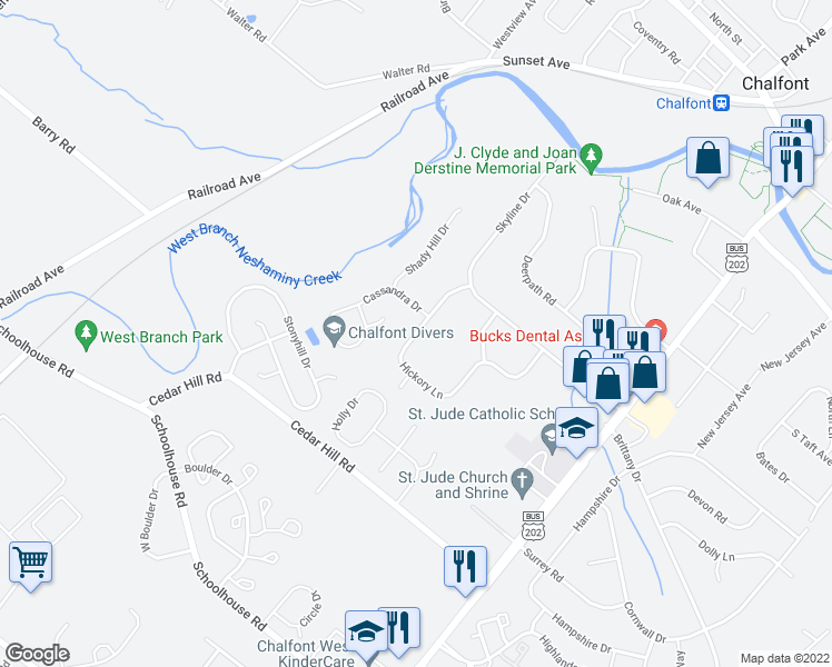 map of restaurants, bars, coffee shops, grocery stores, and more near 45 Hickory Lane in Chalfont