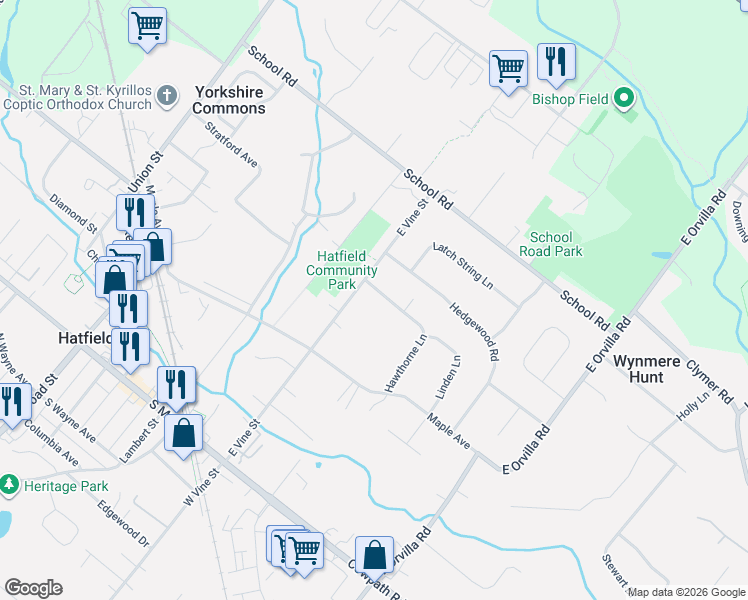 map of restaurants, bars, coffee shops, grocery stores, and more near 2076 Hawthorne Lane in Hatfield
