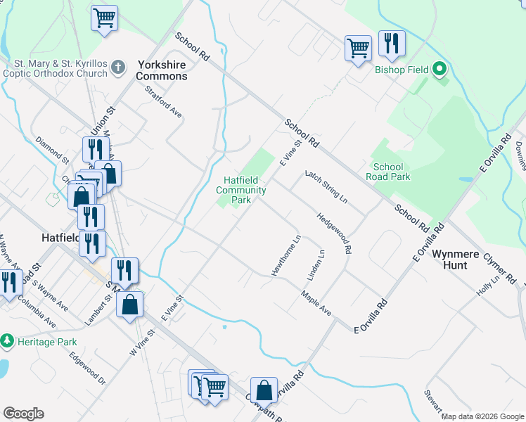 map of restaurants, bars, coffee shops, grocery stores, and more near 2076 Hawthorne Lane in Hatfield