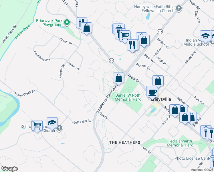 map of restaurants, bars, coffee shops, grocery stores, and more near 381 Hamilton Drive in Harleysville
