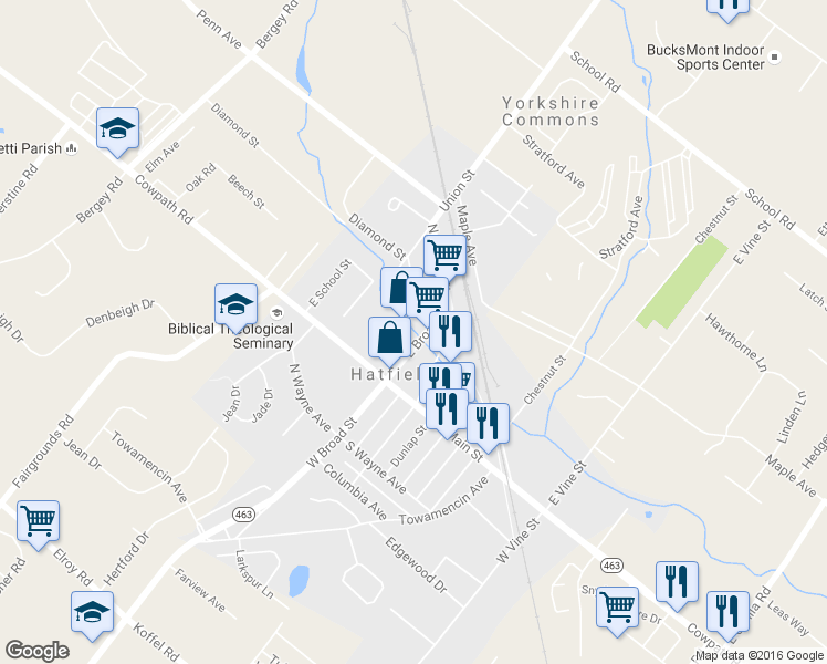 map of restaurants, bars, coffee shops, grocery stores, and more near 63 East Broad Street in Hatfield