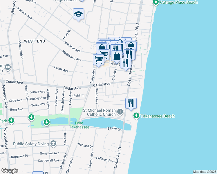 map of restaurants, bars, coffee shops, grocery stores, and more near 68 Cedar Avenue in Long Branch