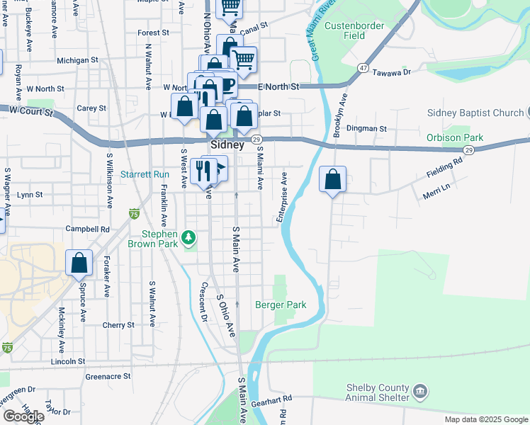 map of restaurants, bars, coffee shops, grocery stores, and more near 434 South Miami Avenue in Sidney