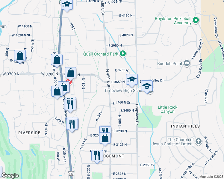 map of restaurants, bars, coffee shops, grocery stores, and more near 3553 N 480 E in Provo