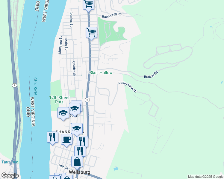 map of restaurants, bars, coffee shops, grocery stores, and more near 114-122 Caldwell Avenue in Wellsburg