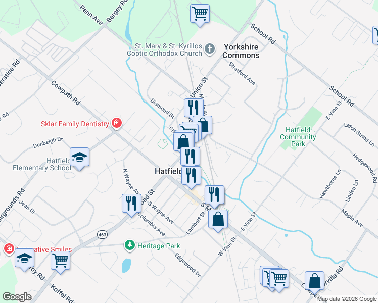map of restaurants, bars, coffee shops, grocery stores, and more near 77 East Lincoln Avenue in Hatfield