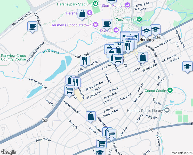 map of restaurants, bars, coffee shops, grocery stores, and more near 442 West Caracas Avenue in Hershey