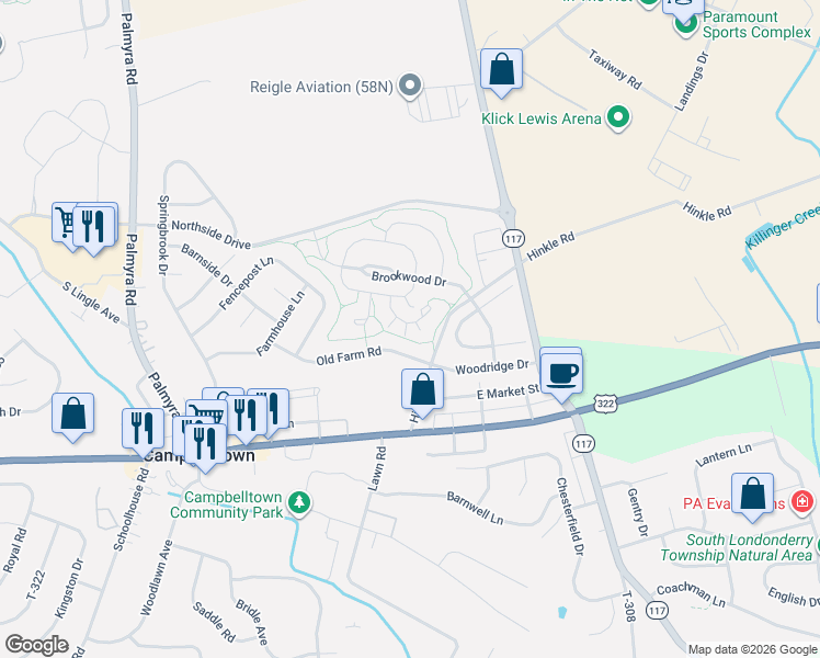 map of restaurants, bars, coffee shops, grocery stores, and more near 51 Springhaven Court in Palmyra