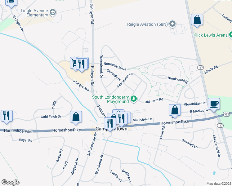 map of restaurants, bars, coffee shops, grocery stores, and more near 232 Fencepost Lane in Palmyra