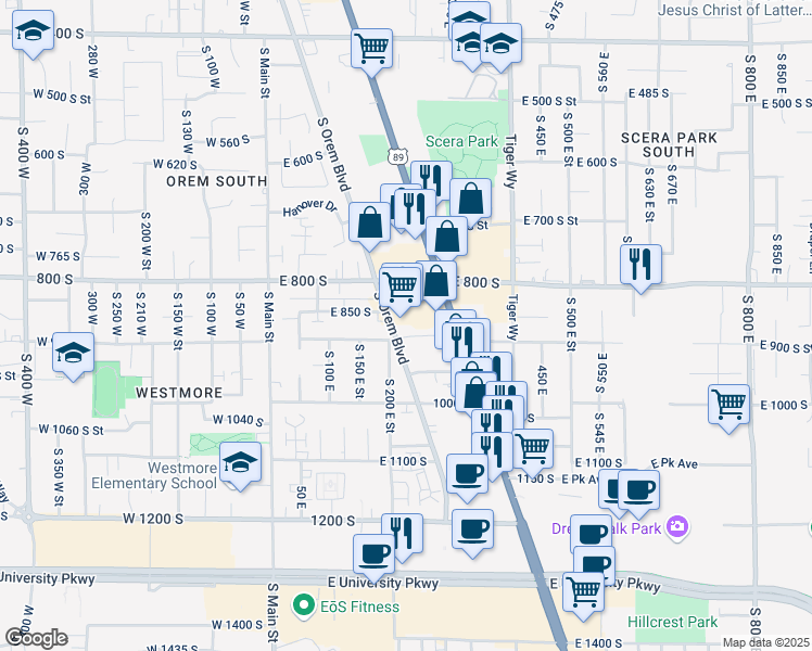 map of restaurants, bars, coffee shops, grocery stores, and more near 879 Orem Boulevard in Orem