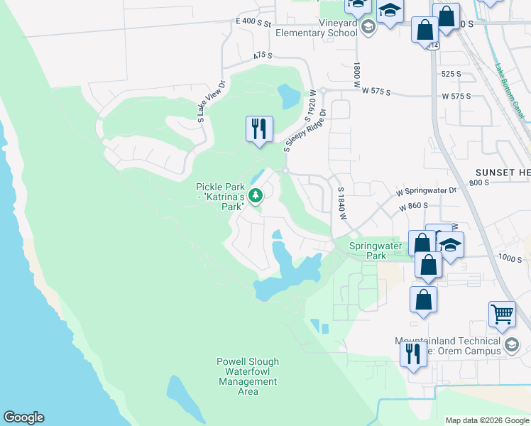 map of restaurants, bars, coffee shops, grocery stores, and more near 2036 W Golden Pond Way in Orem