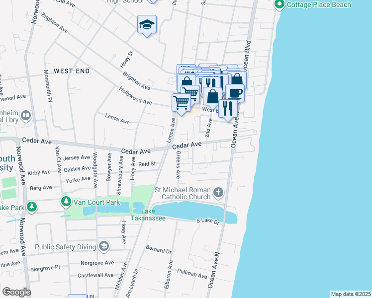 map of restaurants, bars, coffee shops, grocery stores, and more near 96 Cedar Avenue in Long Branch
