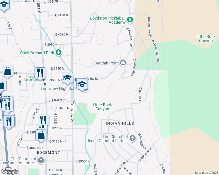 map of restaurants, bars, coffee shops, grocery stores, and more near 3618 Little Rock Drive in Provo