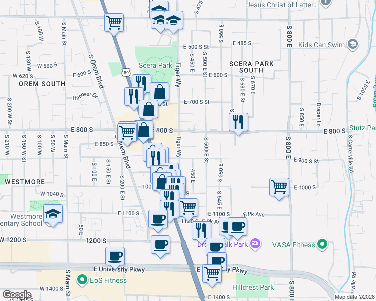 map of restaurants, bars, coffee shops, grocery stores, and more near 415 East 900 South Street in Orem