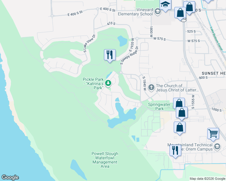 map of restaurants, bars, coffee shops, grocery stores, and more near 2036 West Golden Pond Way in Orem