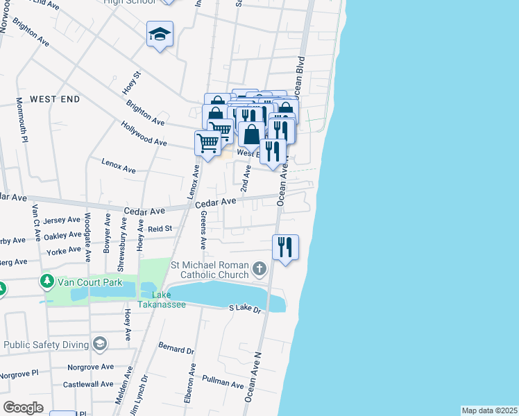 map of restaurants, bars, coffee shops, grocery stores, and more near 36 Cedar Avenue in Long Branch