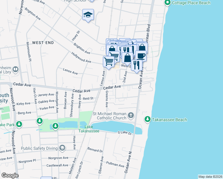 map of restaurants, bars, coffee shops, grocery stores, and more near 96 Cedar Avenue in Long Branch