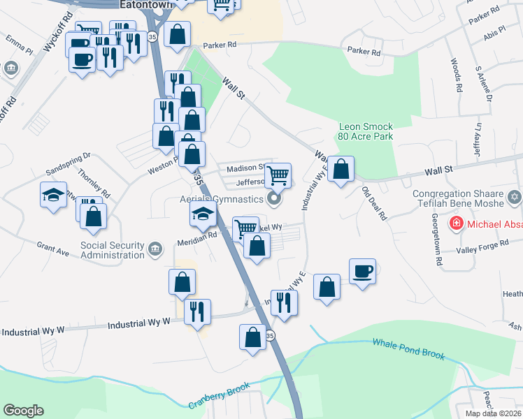 map of restaurants, bars, coffee shops, grocery stores, and more near 317 Mill Pond Way in Eatontown