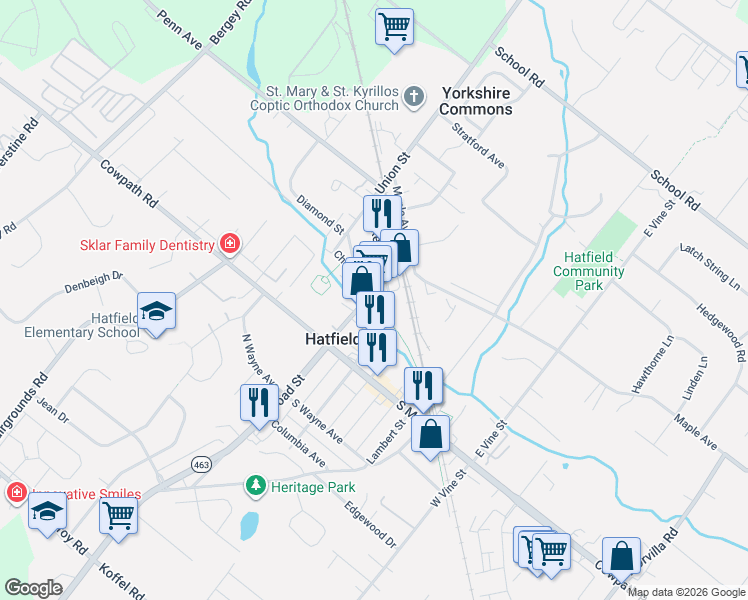 map of restaurants, bars, coffee shops, grocery stores, and more near 77 East Lincoln Avenue in Hatfield