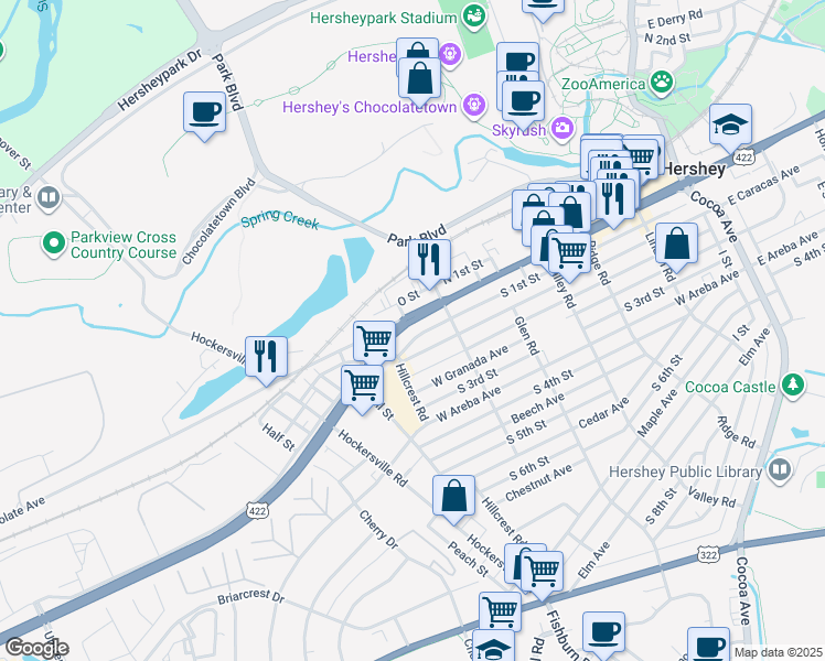 map of restaurants, bars, coffee shops, grocery stores, and more near 523 West Caracas Avenue in Hershey