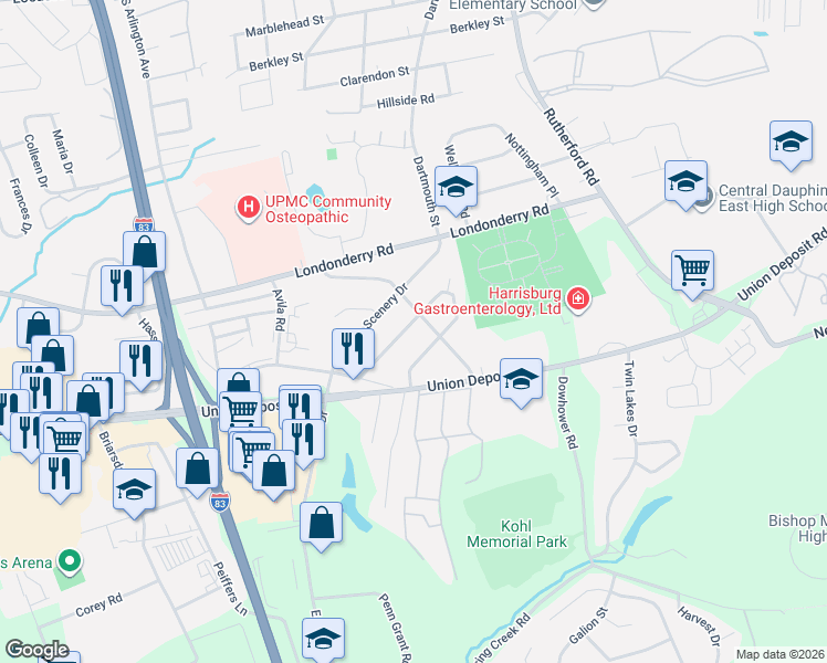 map of restaurants, bars, coffee shops, grocery stores, and more near 1007 Buttonwood Drive in Harrisburg