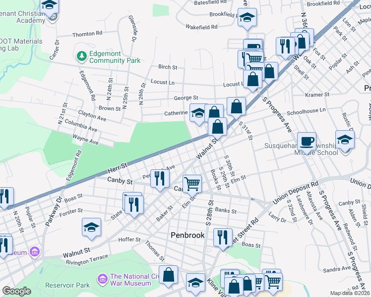 map of restaurants, bars, coffee shops, grocery stores, and more near 100 North Parish Al in Harrisburg