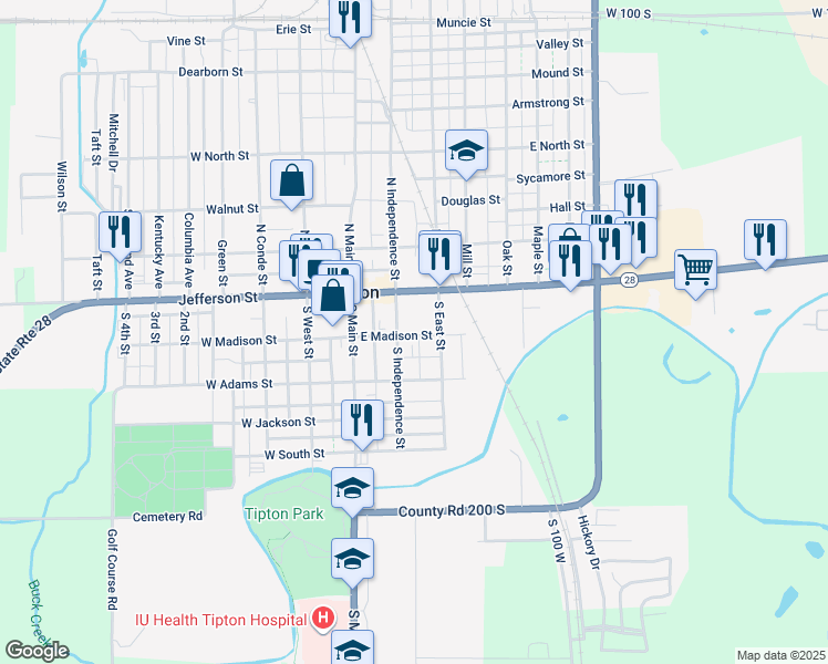 map of restaurants, bars, coffee shops, grocery stores, and more near 220 East Madison Street in Tipton
