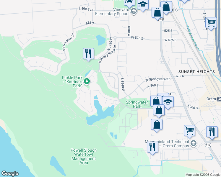 map of restaurants, bars, coffee shops, grocery stores, and more near 1909 West Fox Trail Lane in Orem
