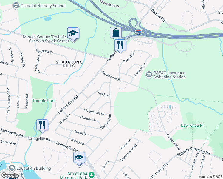 map of restaurants, bars, coffee shops, grocery stores, and more near 69 Rockland Road in Ewing Township