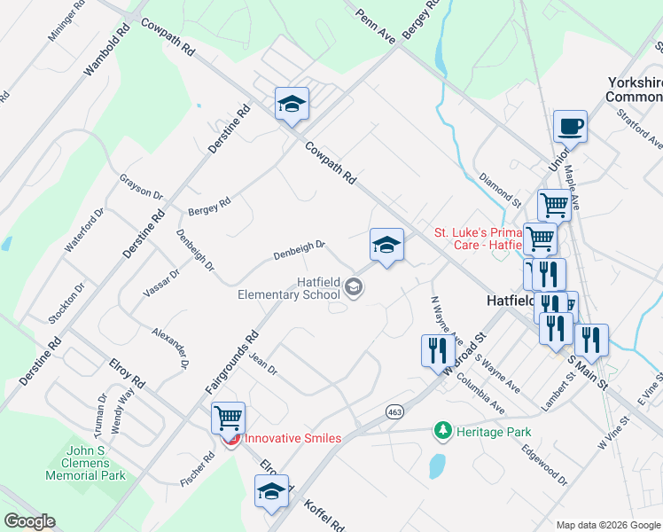 map of restaurants, bars, coffee shops, grocery stores, and more near 2806 Denbeigh Drive in Hatfield