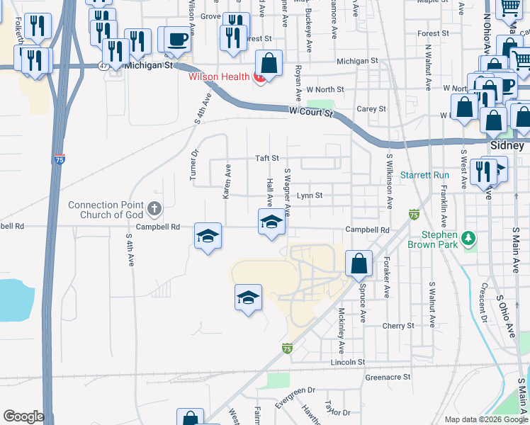 map of restaurants, bars, coffee shops, grocery stores, and more near 500-512 Hall Ave in Sidney