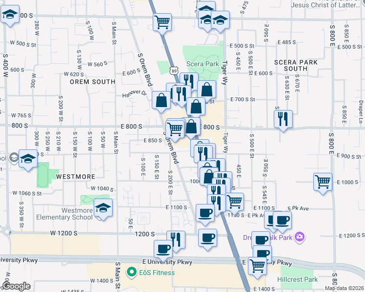map of restaurants, bars, coffee shops, grocery stores, and more near 879 Orem Boulevard in Orem
