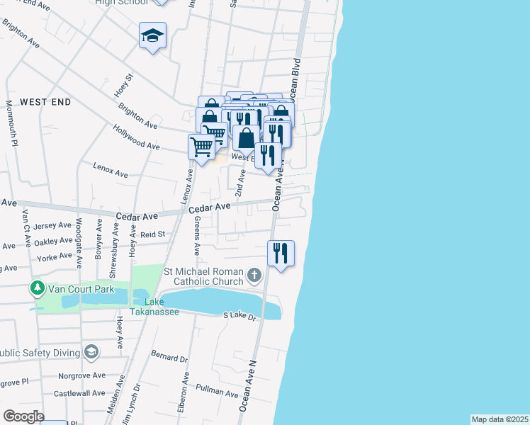 map of restaurants, bars, coffee shops, grocery stores, and more near 36 Cedar Avenue in Long Branch