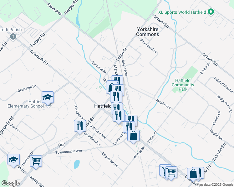 map of restaurants, bars, coffee shops, grocery stores, and more near 77 East Lincoln Avenue in Hatfield